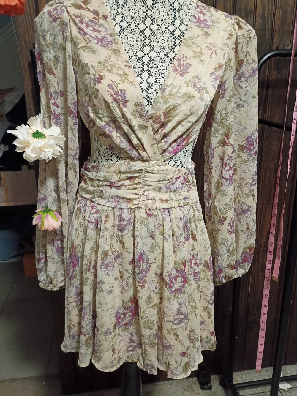 Velvet Cream Floral Long Sleeve Mini Dress with Purple Accents